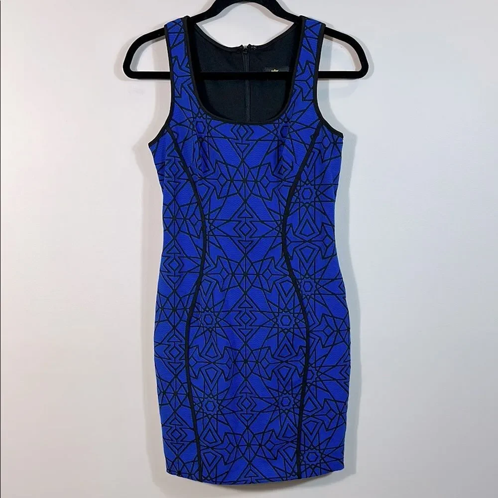 Lotus Threads New York Blue Black Geometric Stretch Bodycon Mini Dress Small